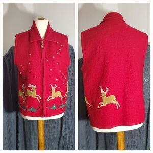Lisa International Red Christmas Reindeer 100% Wool Vest Size M